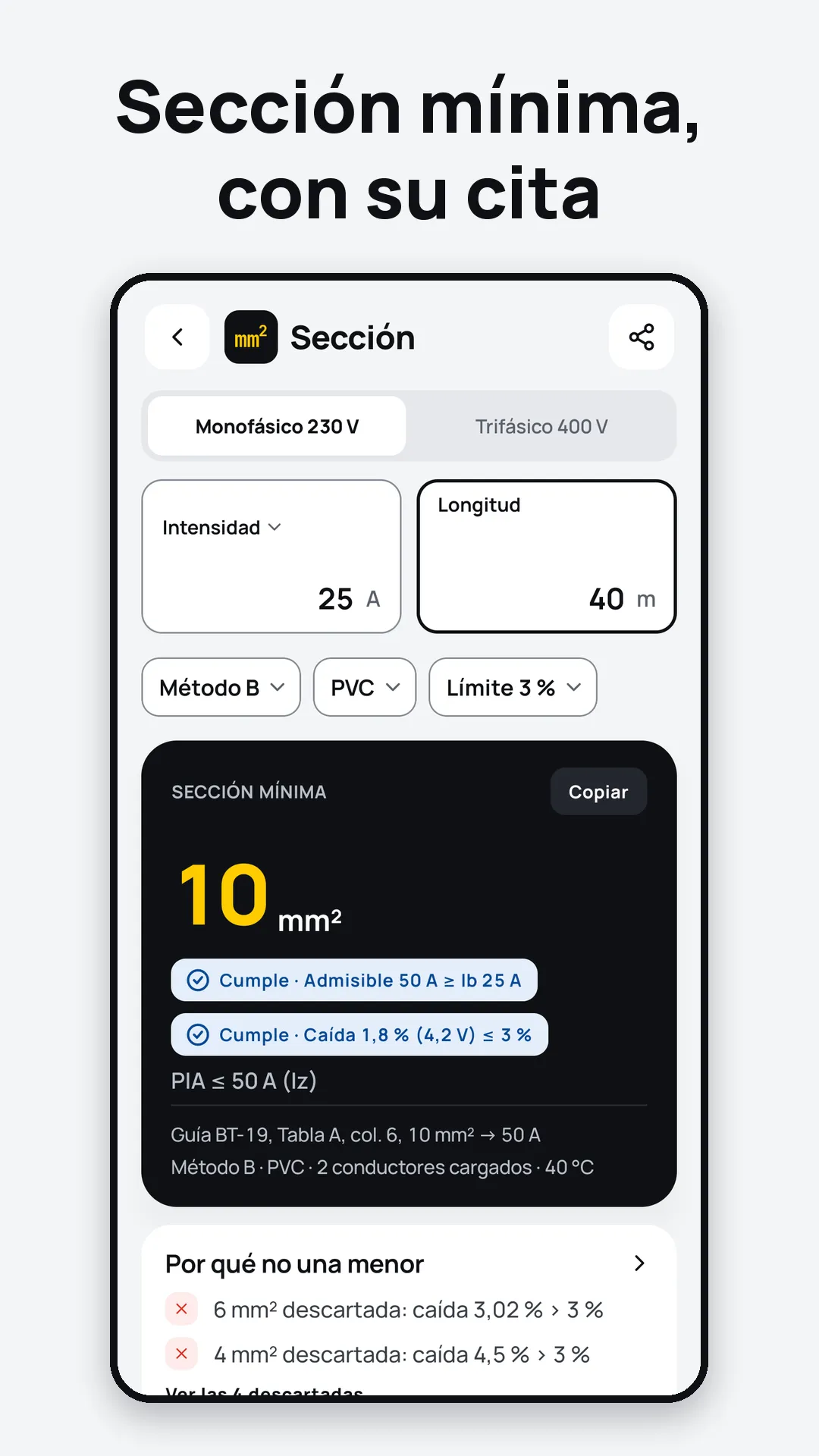 Pantalla de Sección de cable con el resultado de 10 mm² y su cita