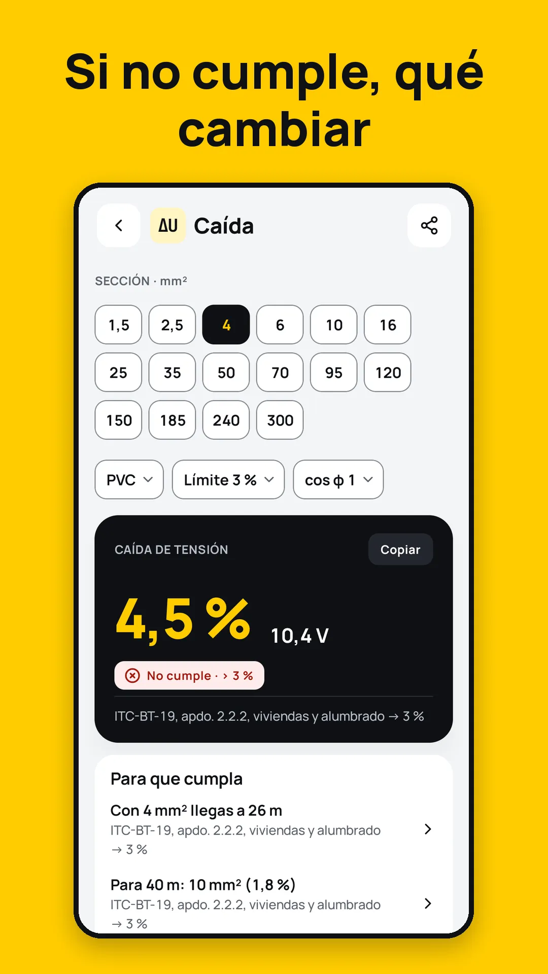 Caída de tensión: 25 A, 40 m y 4 mm² dan un 4,5 % que no cumple, y qué cambiar para que cumpla